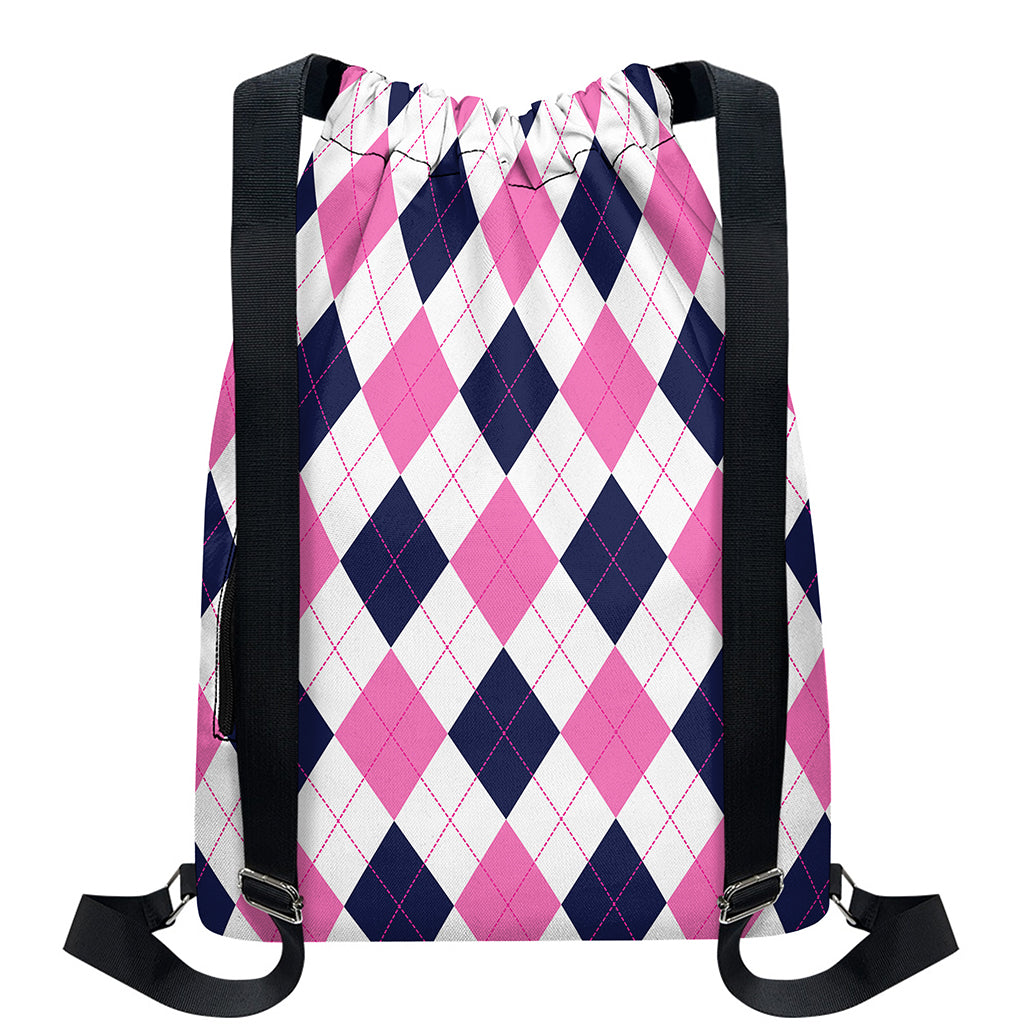 White Blue And Pink Argyle Pattern Print Drawstring Backpack