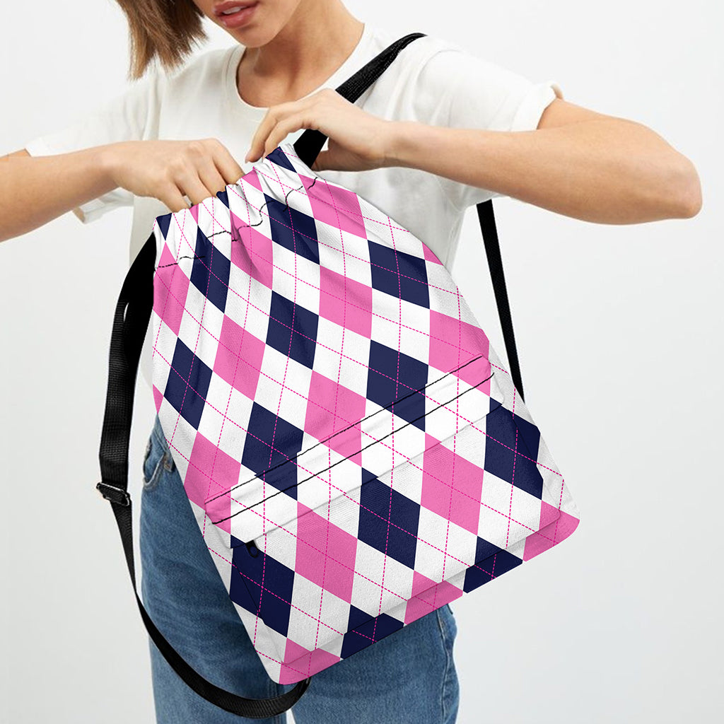 White Blue And Pink Argyle Pattern Print Drawstring Backpack