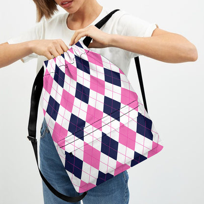 White Blue And Pink Argyle Pattern Print Drawstring Backpack
