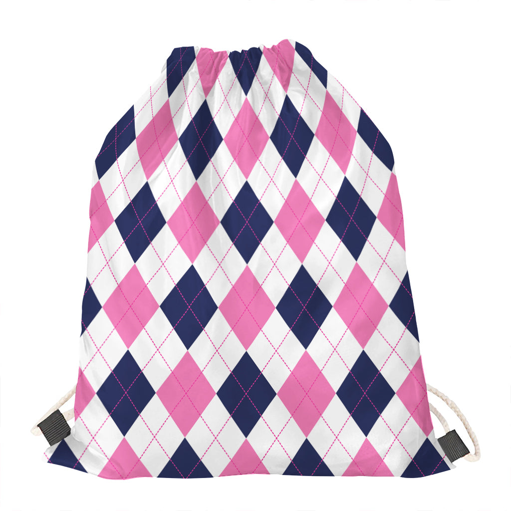White Blue And Pink Argyle Pattern Print Drawstring Bag