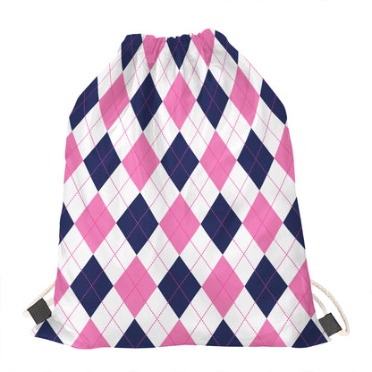 White Blue And Pink Argyle Pattern Print Drawstring Bag