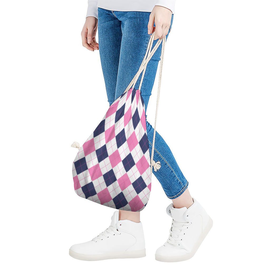 White Blue And Pink Argyle Pattern Print Drawstring Bag