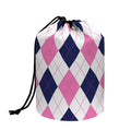 White Blue And Pink Argyle Pattern Print Drawstring Makeup Bag
