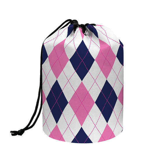 White Blue And Pink Argyle Pattern Print Drawstring Makeup Bag