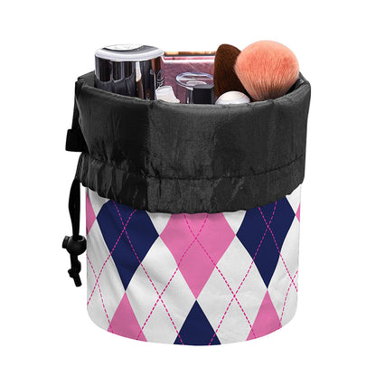 White Blue And Pink Argyle Pattern Print Drawstring Makeup Bag