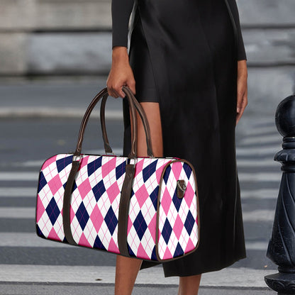 White Blue And Pink Argyle Pattern Print Duffle Bag