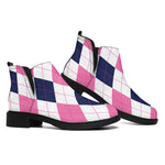 White Blue And Pink Argyle Pattern Print Flat Ankle Boots