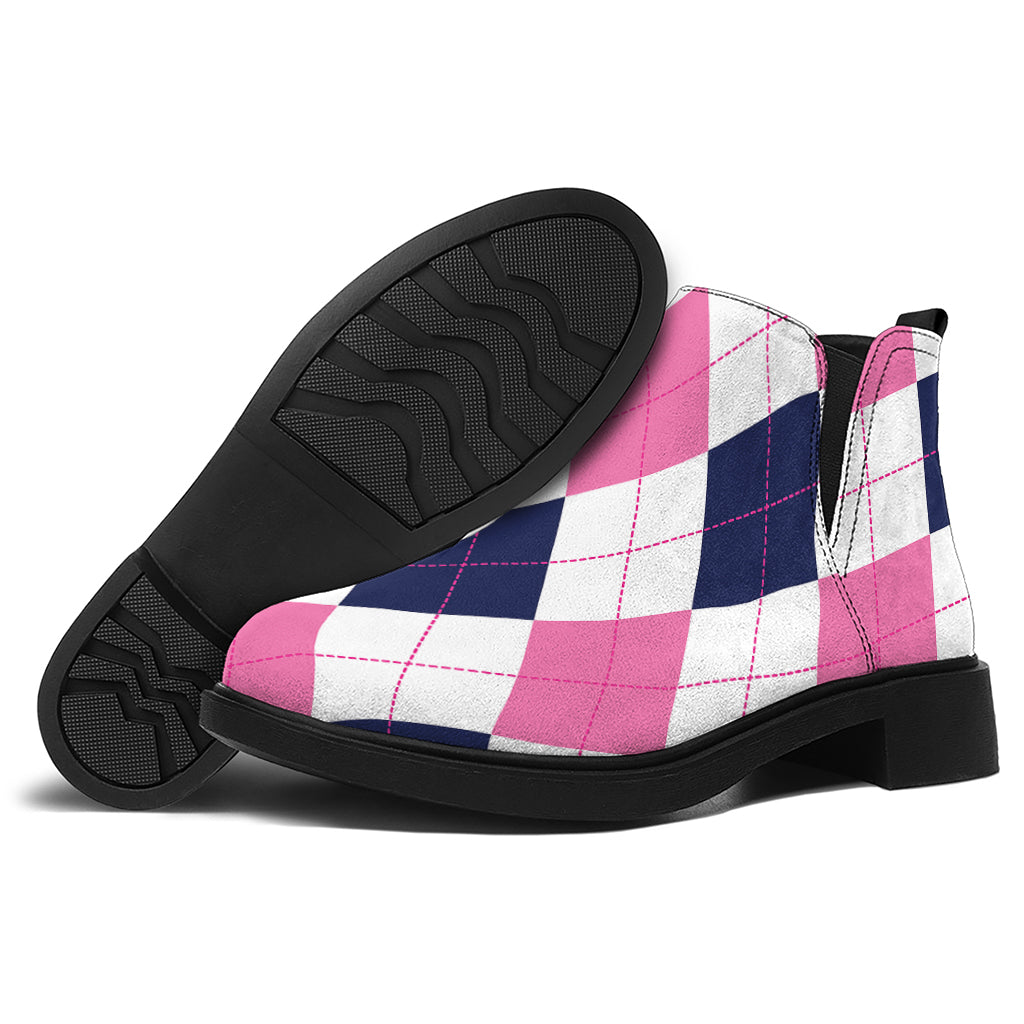 White Blue And Pink Argyle Pattern Print Flat Ankle Boots