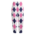 White Blue And Pink Argyle Pattern Print Fleece Lined Knit Pants