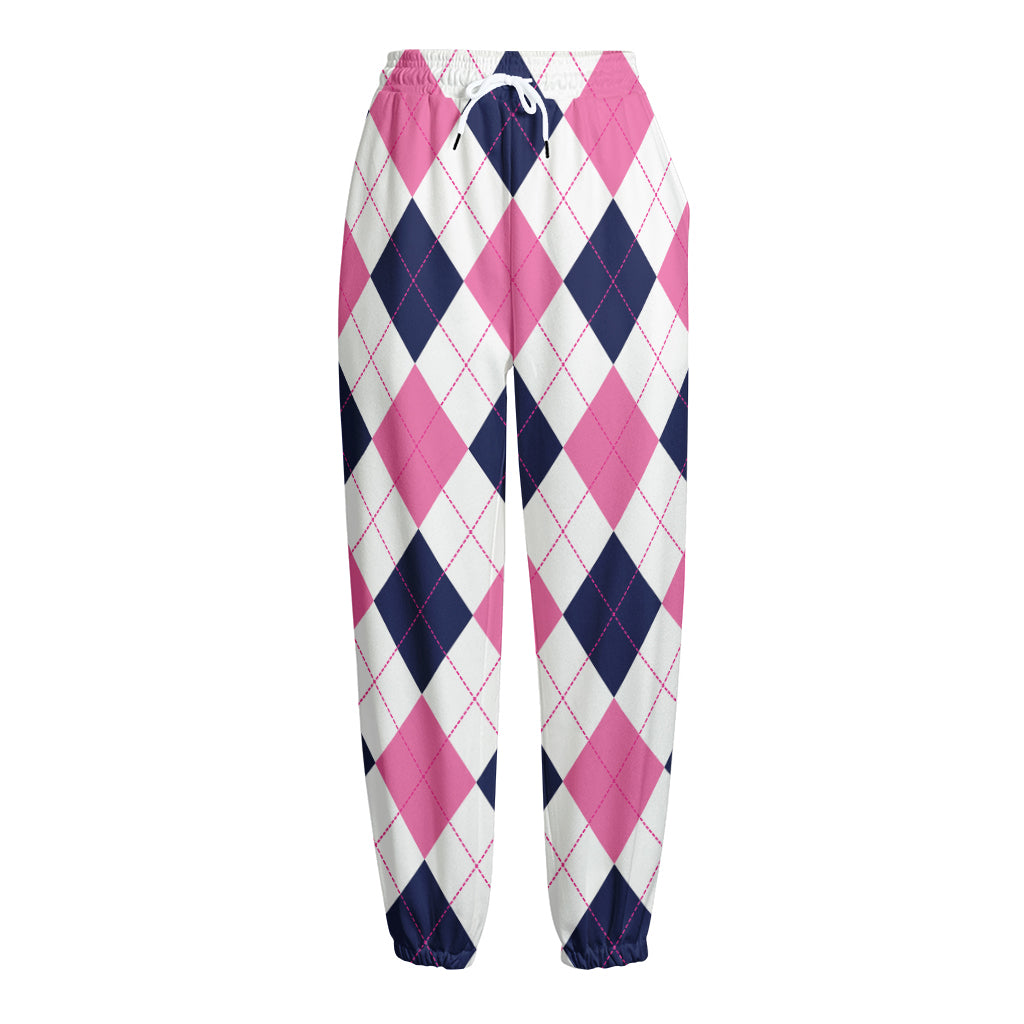 White Blue And Pink Argyle Pattern Print Fleece Lined Knit Pants