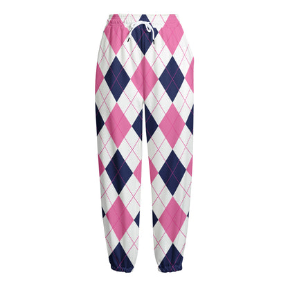 White Blue And Pink Argyle Pattern Print Fleece Lined Knit Pants