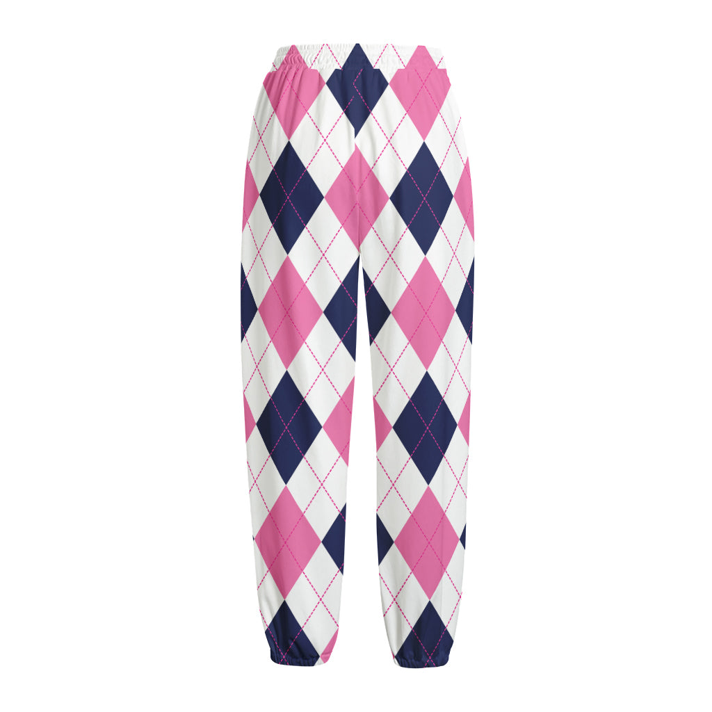 White Blue And Pink Argyle Pattern Print Fleece Lined Knit Pants