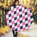 White Blue And Pink Argyle Pattern Print Foldable Umbrella