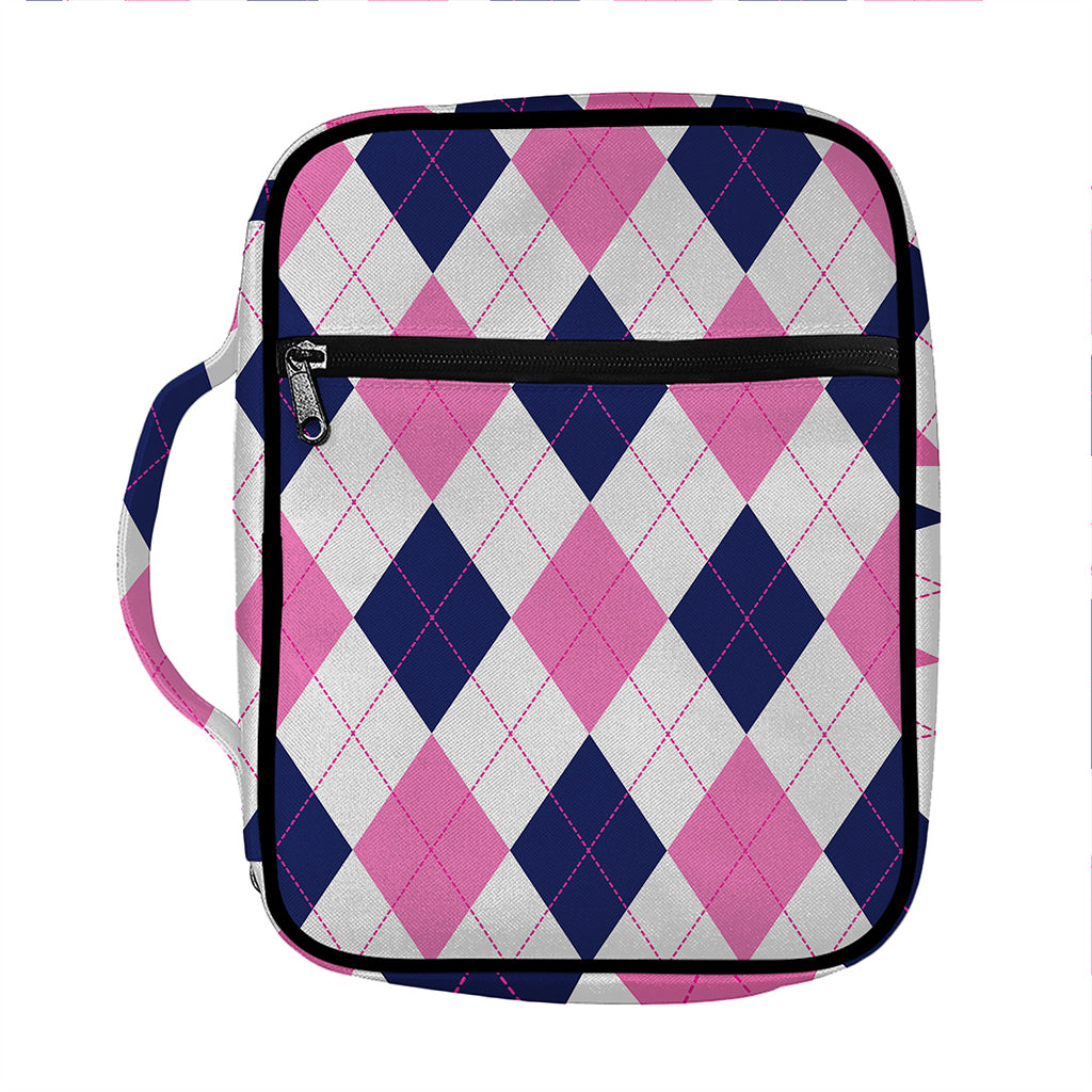 White Blue And Pink Argyle Pattern Print Front Pocket Bible Bag