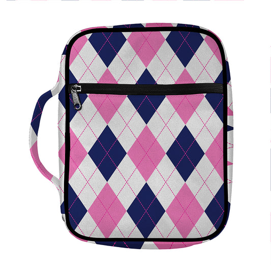 White Blue And Pink Argyle Pattern Print Front Pocket Bible Bag