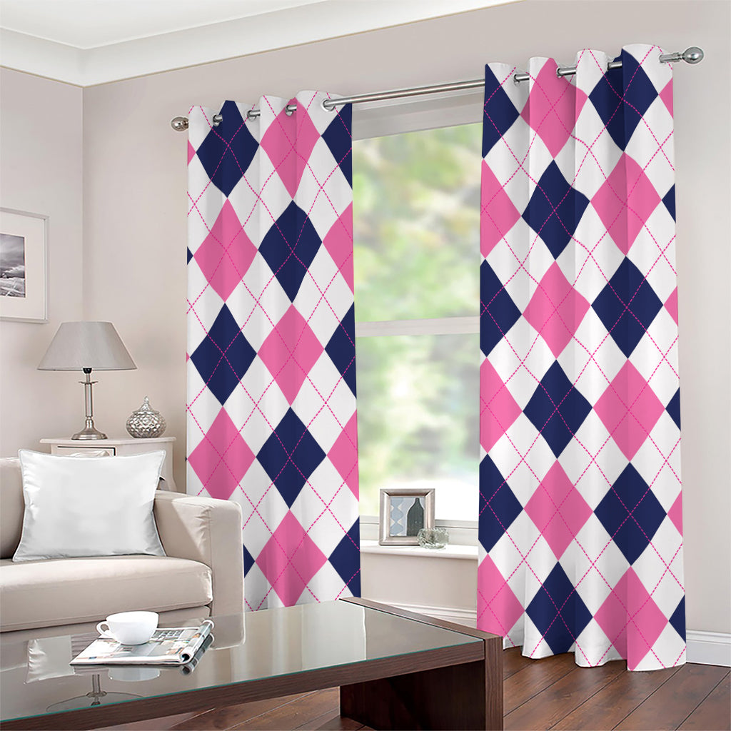 White Blue And Pink Argyle Pattern Print Grommet Curtains