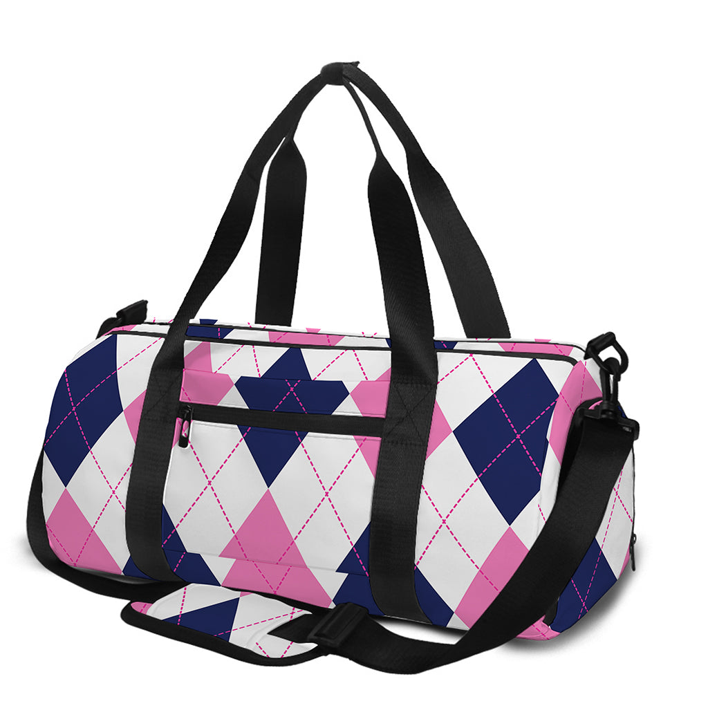 White Blue And Pink Argyle Pattern Print Gym Bag