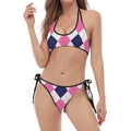 White Blue And Pink Argyle Pattern Print Halter Scoop Tie Side Bikini