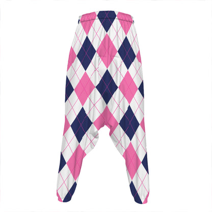 White Blue And Pink Argyle Pattern Print Hammer Pants
