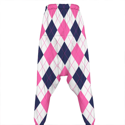 White Blue And Pink Argyle Pattern Print Hammer Pants