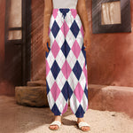 White Blue And Pink Argyle Pattern Print Harem Pants