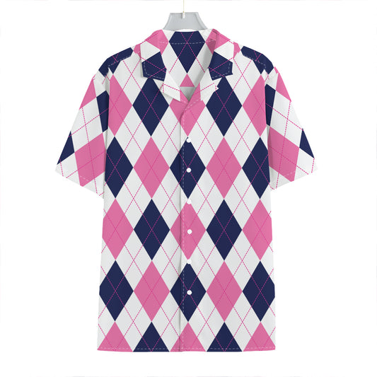 White Blue And Pink Argyle Pattern Print Hawaiian Shirt