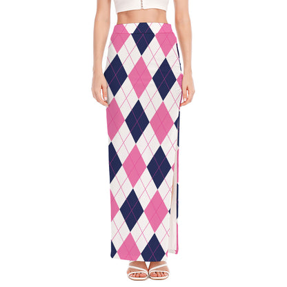 White Blue And Pink Argyle Pattern Print High Slit Maxi Skirt