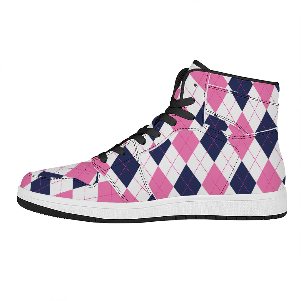 White Blue And Pink Argyle Pattern Print High Top Leather Sneakers