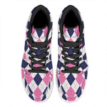 White Blue And Pink Argyle Pattern Print High Top Leather Sneakers
