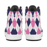 White Blue And Pink Argyle Pattern Print High Top Leather Sneakers