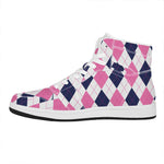White Blue And Pink Argyle Pattern Print High Top Leather Sneakers