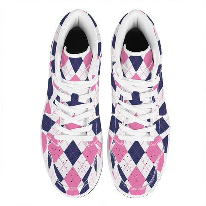 White Blue And Pink Argyle Pattern Print High Top Leather Sneakers