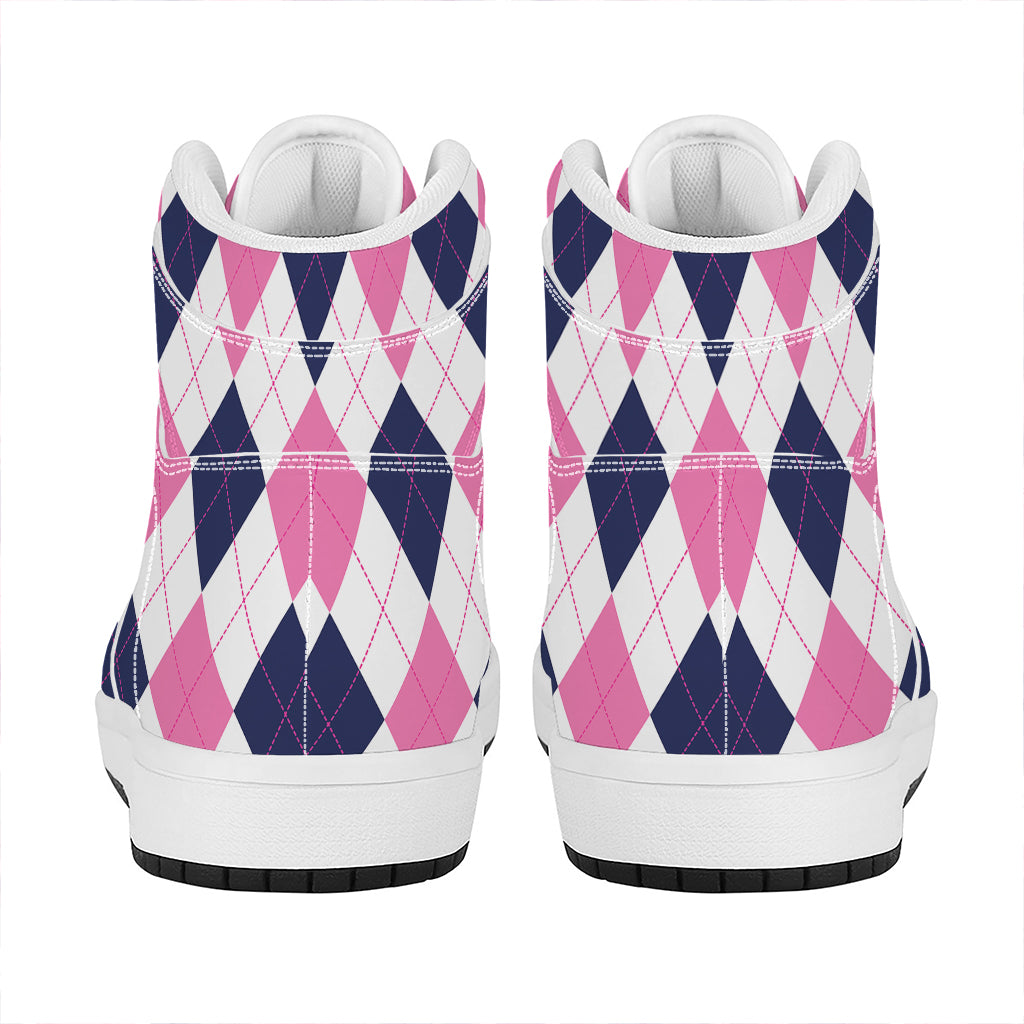White Blue And Pink Argyle Pattern Print High Top Leather Sneakers