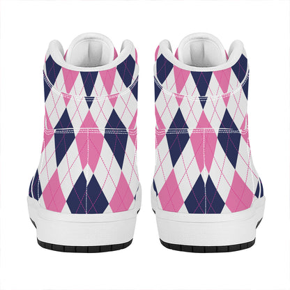 White Blue And Pink Argyle Pattern Print High Top Leather Sneakers