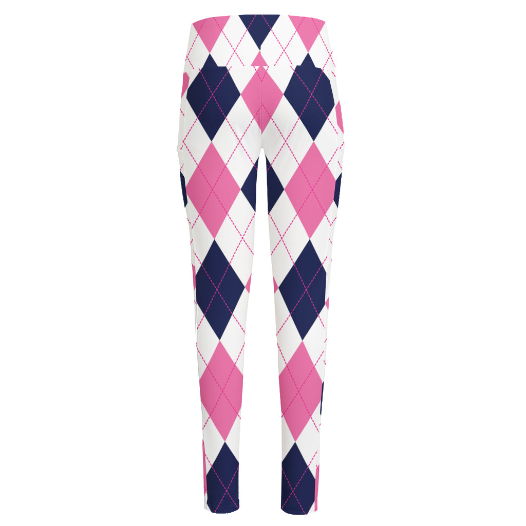 White Blue And Pink Argyle Pattern Print High-Waisted Pocket Leggings