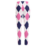 White Blue And Pink Argyle Pattern Print High-Waisted Pocket Leggings