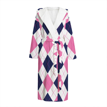 White Blue And Pink Argyle Pattern Print Hooded Bathrobe