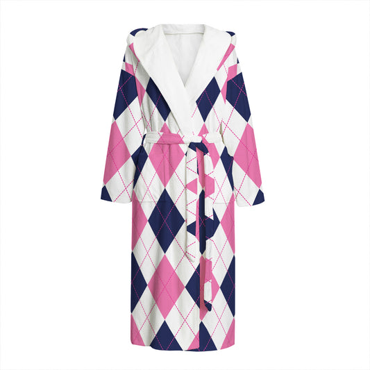 White Blue And Pink Argyle Pattern Print Hooded Bathrobe