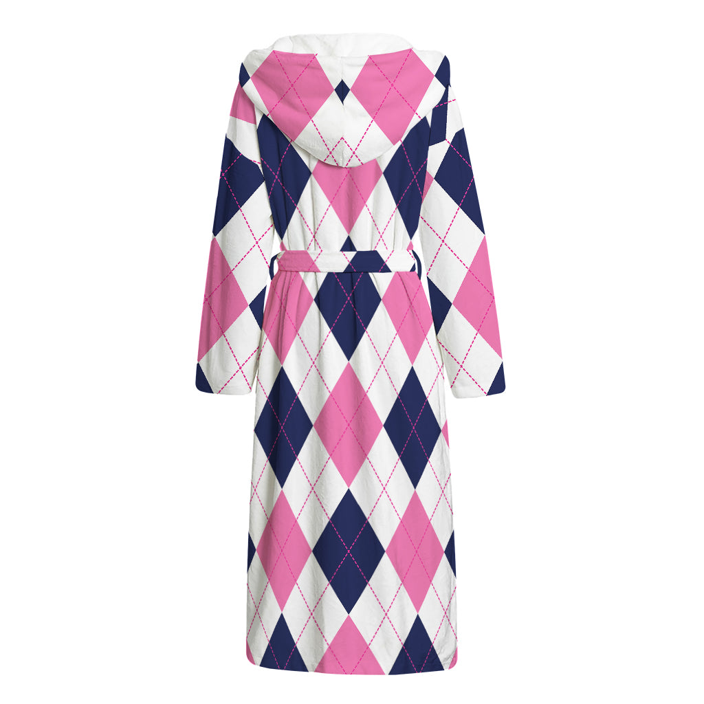 White Blue And Pink Argyle Pattern Print Hooded Bathrobe