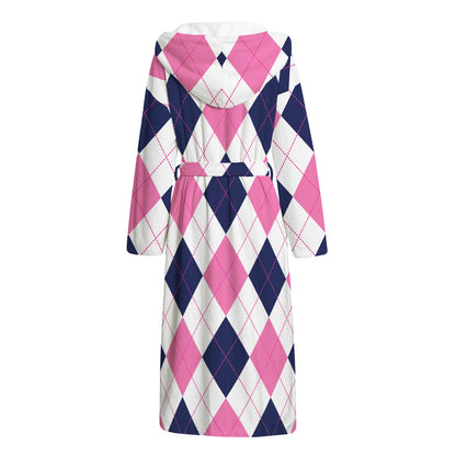White Blue And Pink Argyle Pattern Print Hooded Bathrobe