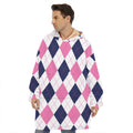 White Blue And Pink Argyle Pattern Print Hoodie Blanket