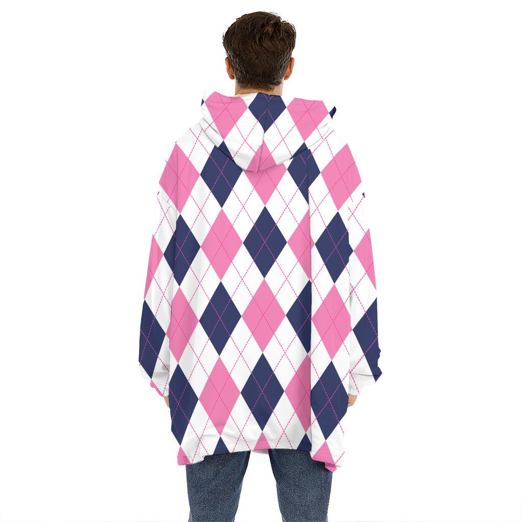White Blue And Pink Argyle Pattern Print Hoodie Blanket