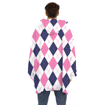 White Blue And Pink Argyle Pattern Print Hoodie Blanket