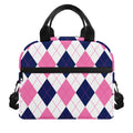 White Blue And Pink Argyle Pattern Print Insulated Lunch Bag