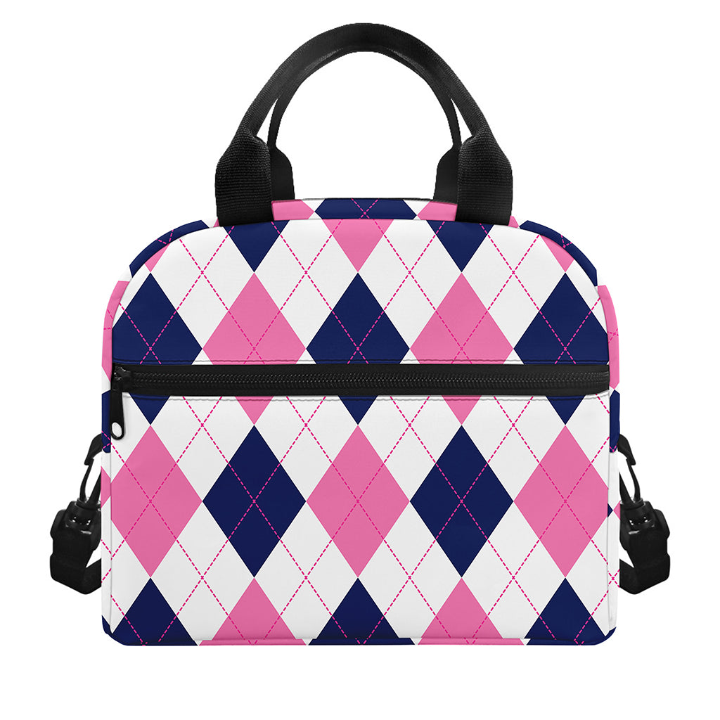 White Blue And Pink Argyle Pattern Print Insulated Lunch Bag