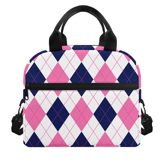 White Blue And Pink Argyle Pattern Print Insulated Lunch Bag