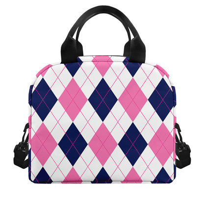 White Blue And Pink Argyle Pattern Print Insulated Lunch Bag