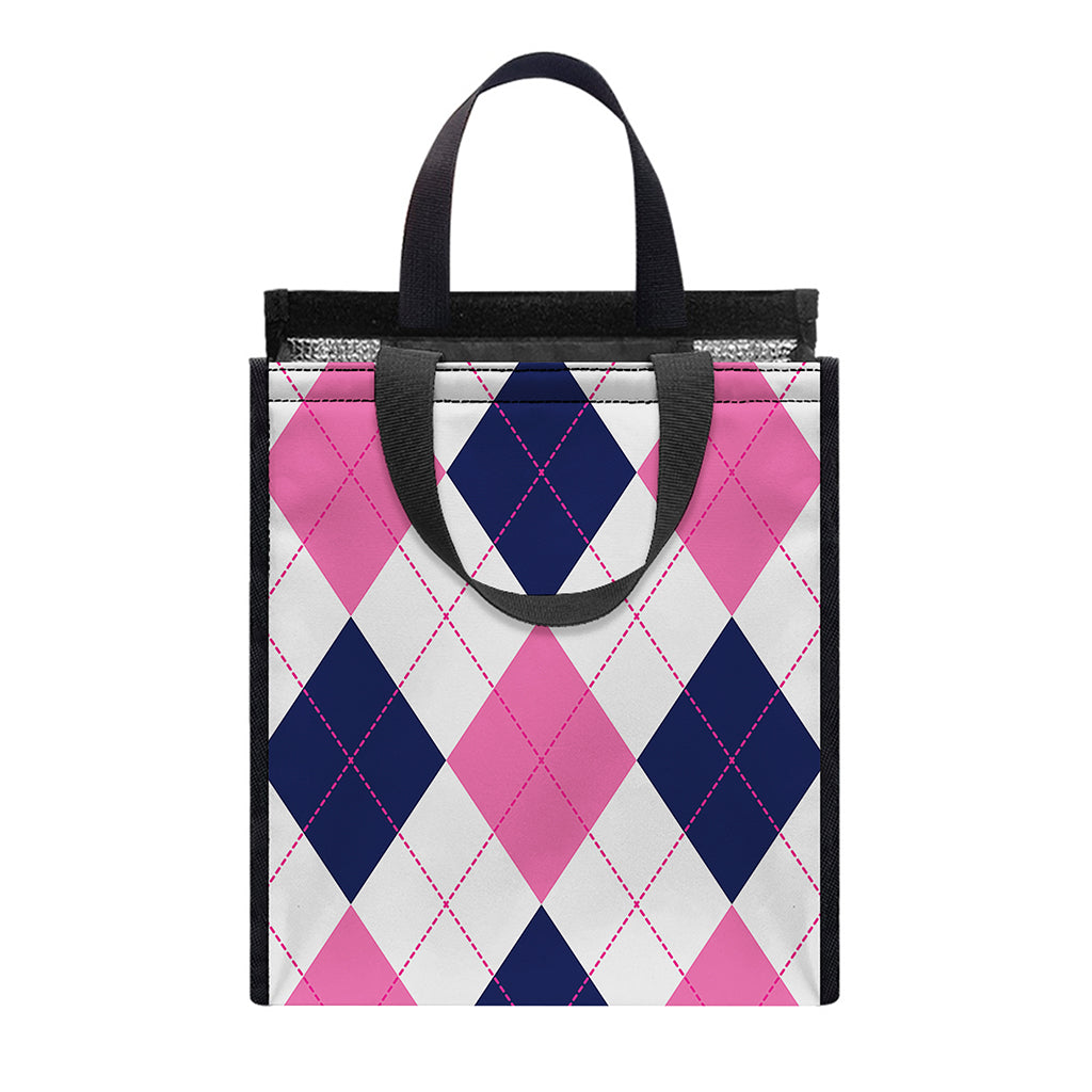 White Blue And Pink Argyle Pattern Print Insulated Lunch Tote