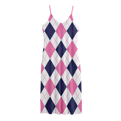 White Blue And Pink Argyle Pattern Print Jersey Midi Cami Dress