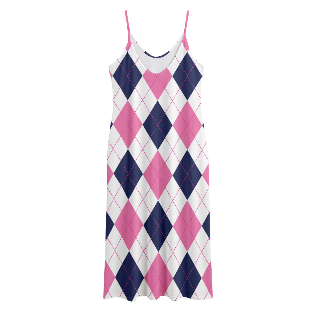White Blue And Pink Argyle Pattern Print Jersey Midi Cami Dress